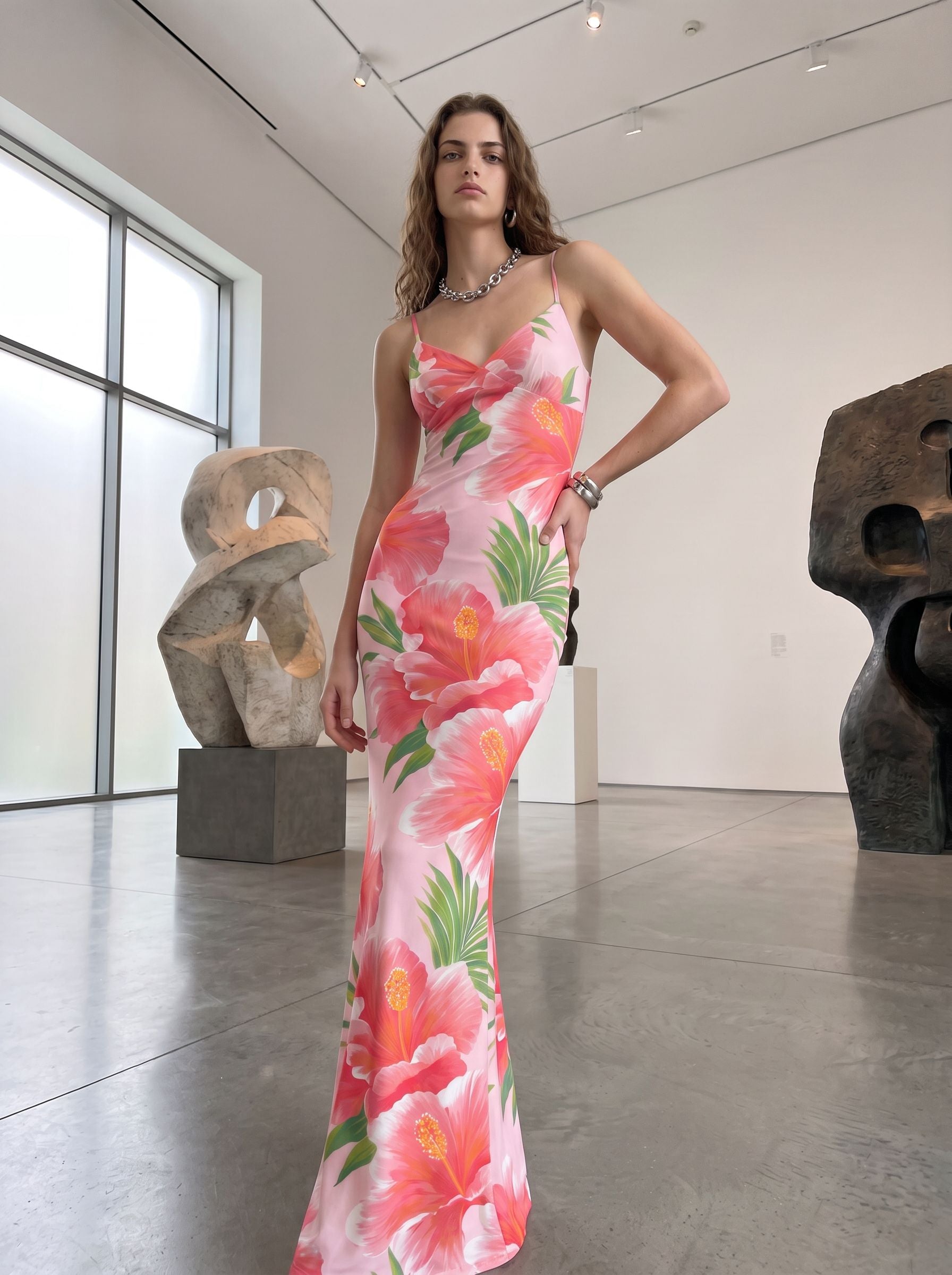 elainefox536's Pink Hibiscus Print Maxi Dress