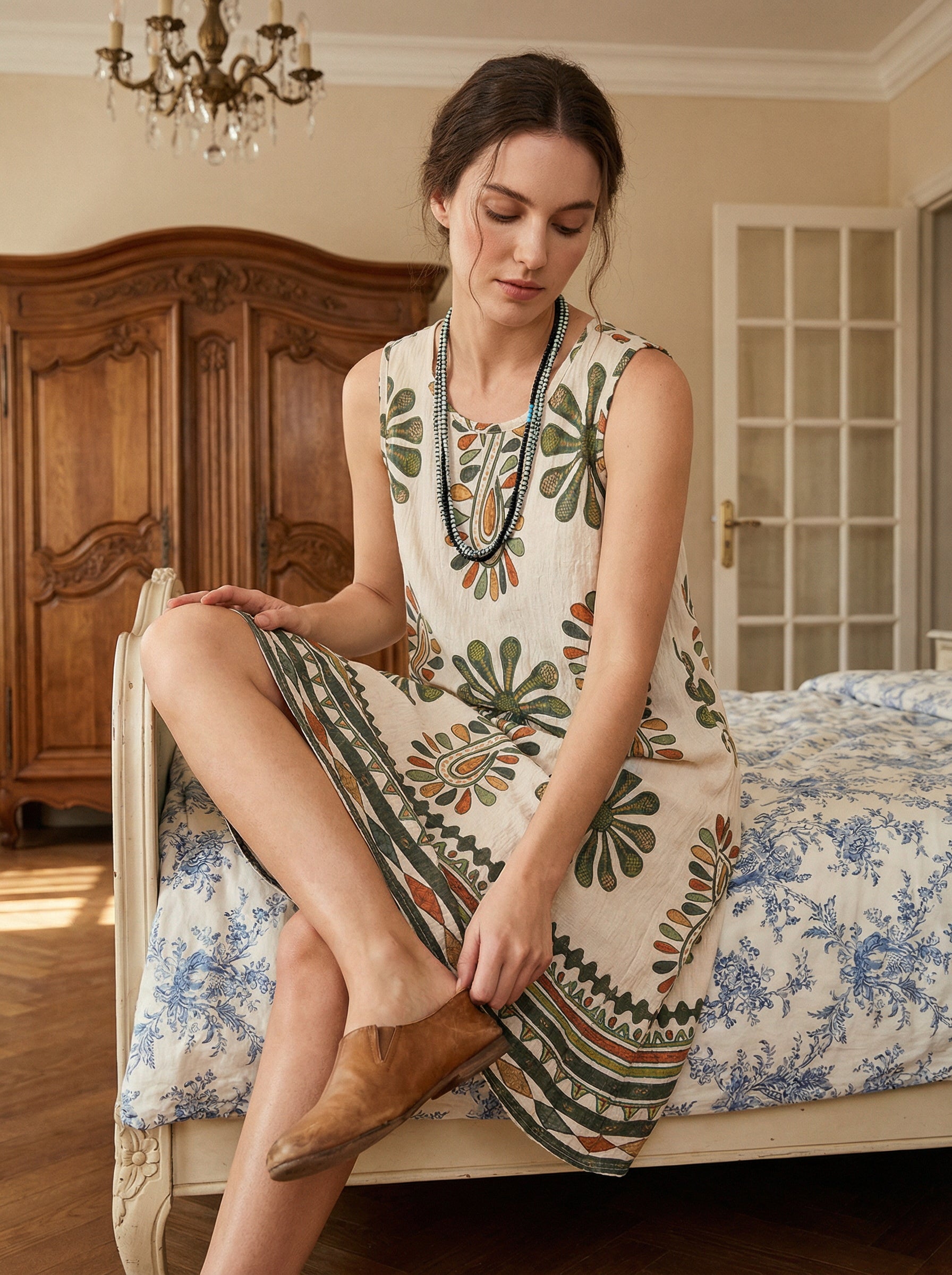 Round Neck Sleeveless Printed Boho Midi Dress-Green