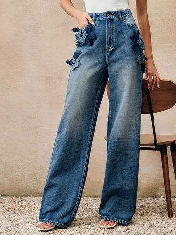 Floral Applique High Waisted Wide Jeans