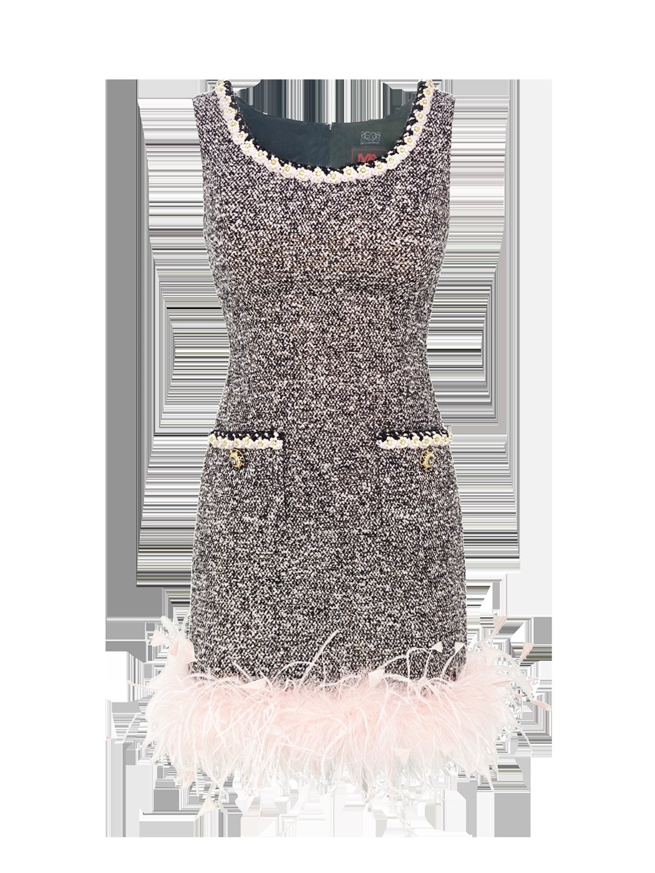 Feather Trim Tweed Mini Dress