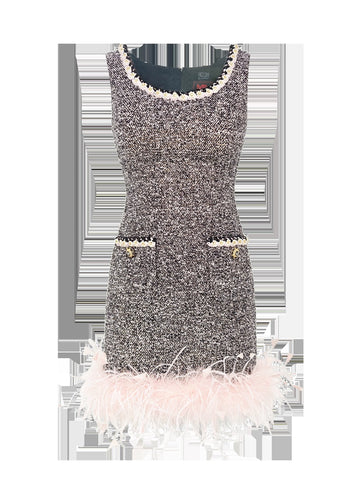 Feather Trim Tweed Mini Dress