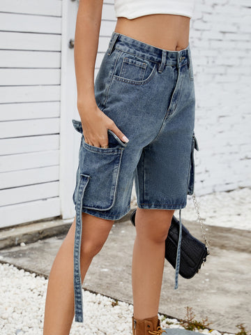 High Waisted Cargo Denim Shorts