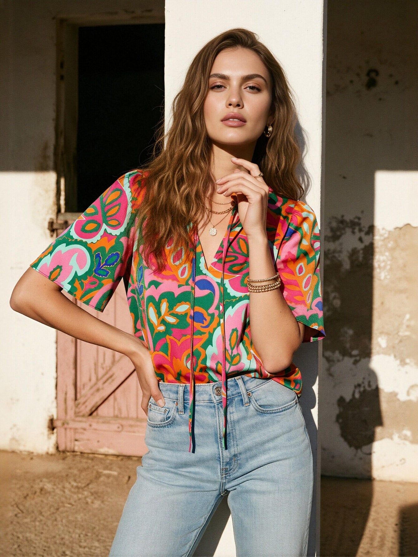 V Neck Floral Print Blouse