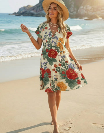 EVA Floral Print V Neck Tiered Babydoll Mini Dress
