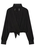 Elegant Draped Mock Neck Chiffon Blouse