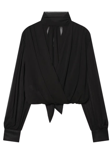Elegant Draped Mock Neck Chiffon Blouse