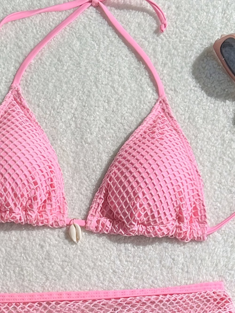 Pink Crochet Mesh Bikini Three Piece Set