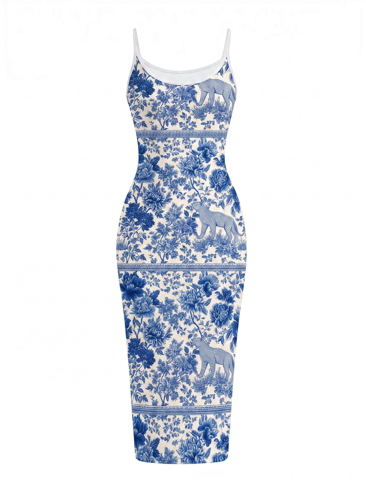 Dorica Hall's Blue Toile Leopard Print Midi Dress