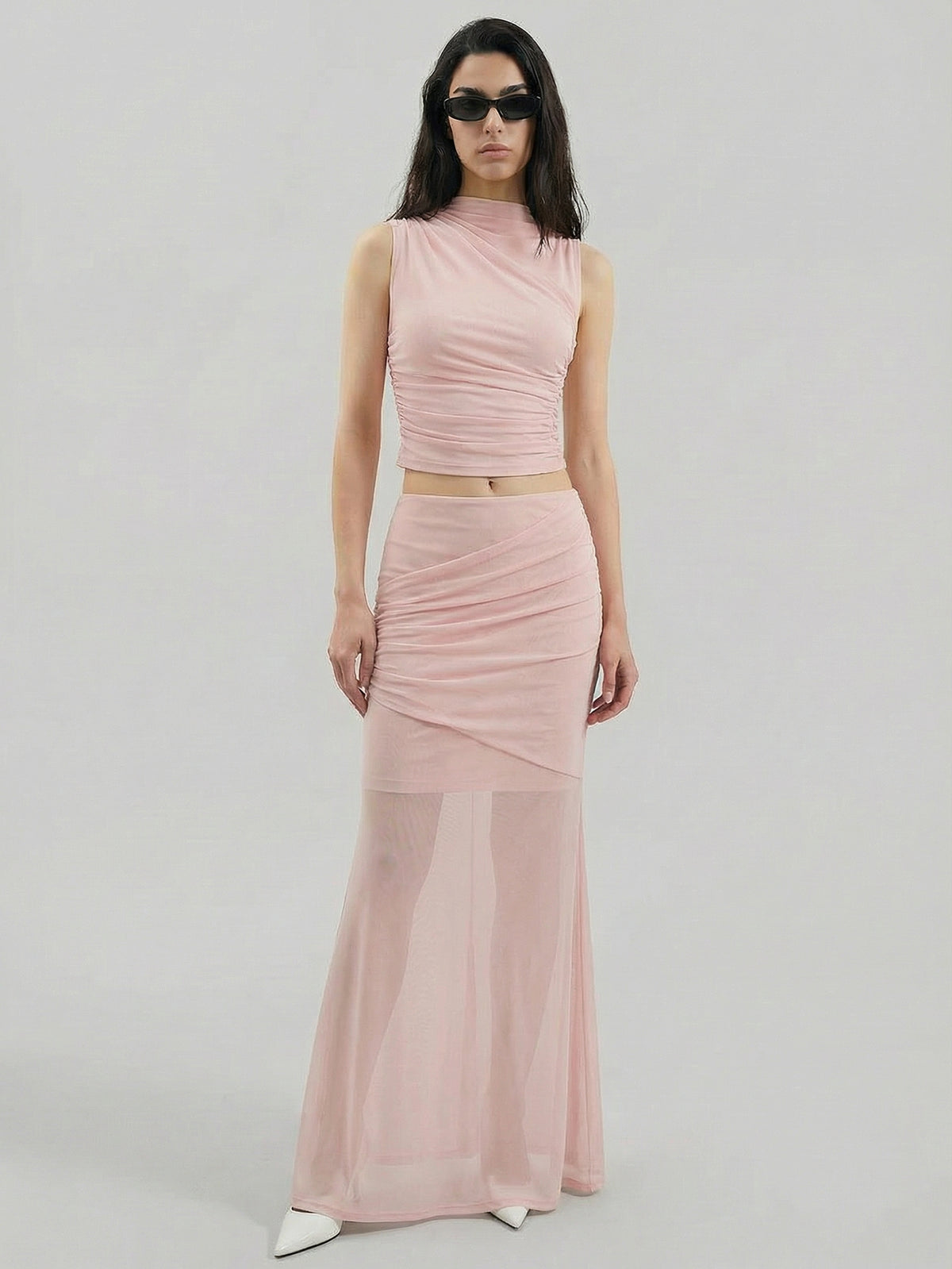 SAÏA Pleated Mesh Elegant Midi Skirt-Pink