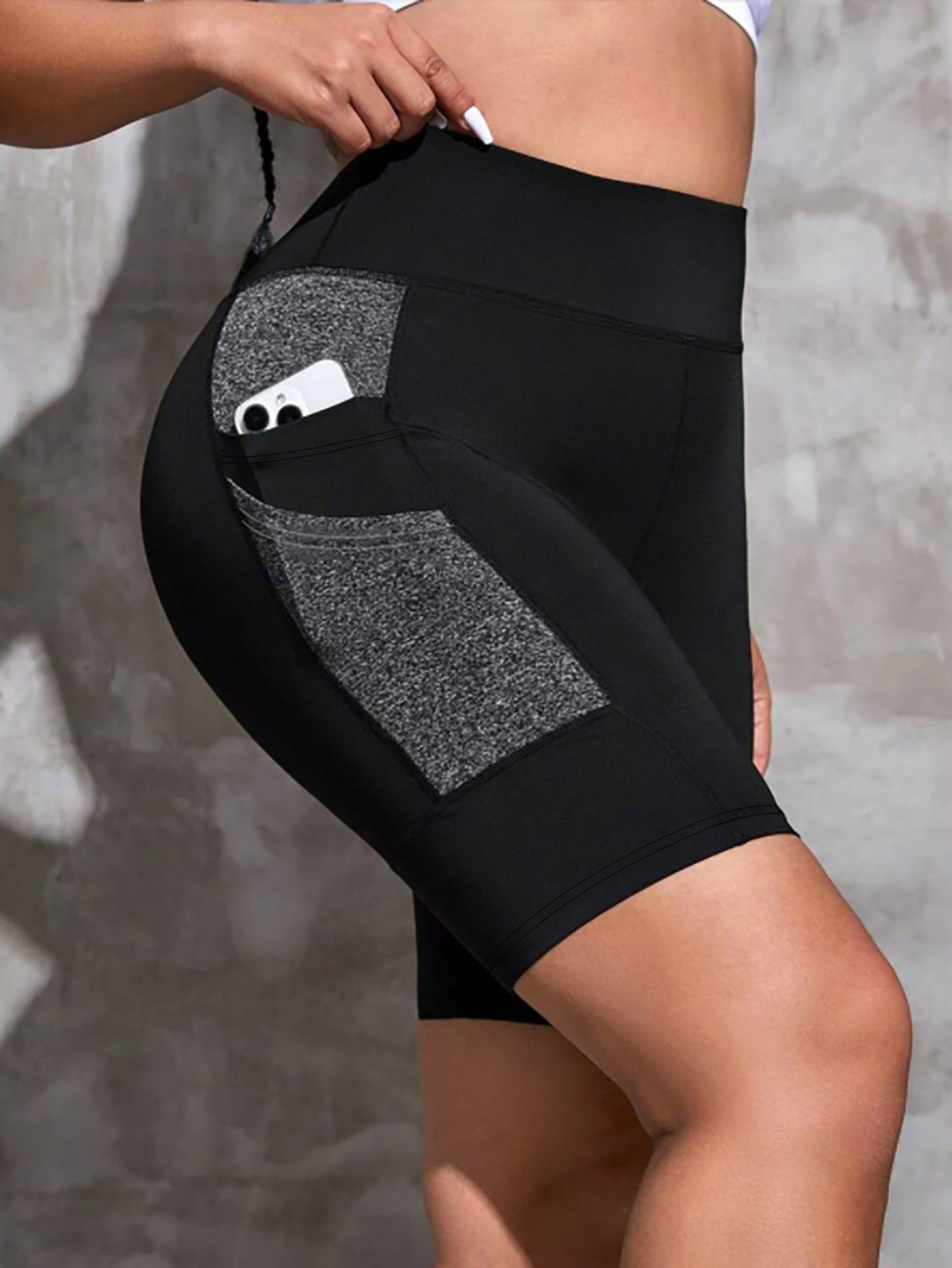 Phone-Pocket High-Waisted Stretch Athletic Shorts-Black