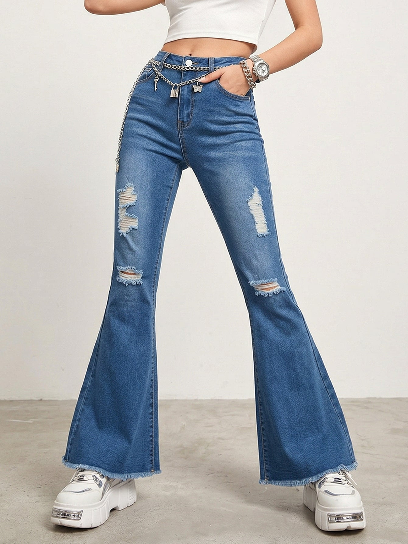 Lace Patch Ripped Flare Jeans
