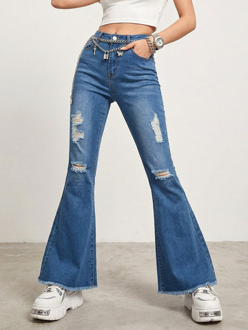 Lace Patch Ripped Flare Jeans
