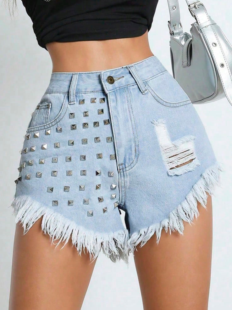 Studded Distressed Frayed Hem Denim Shorts