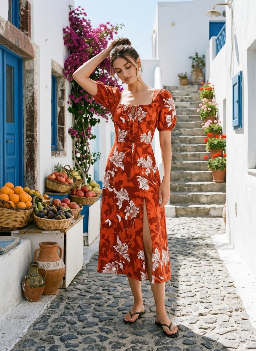 Floral Print Puff Sleeve Tie MidiDress