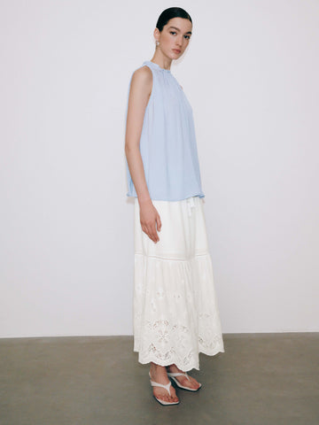 Guipure Lace Tiered Drawstring Pull On A-Line Midi Skirts