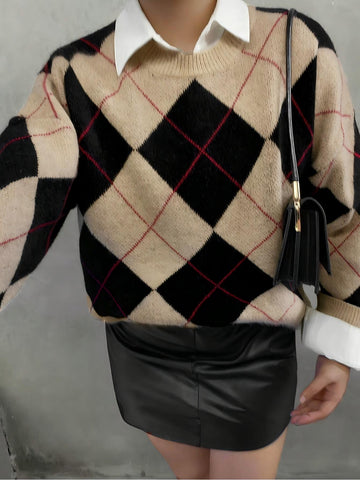 Oversized Argyle Pattern Crewneck Sweater