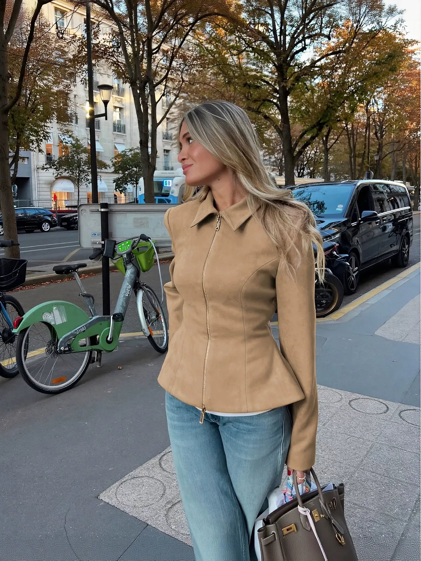 Fitted Suede Peplum Zip Jacket