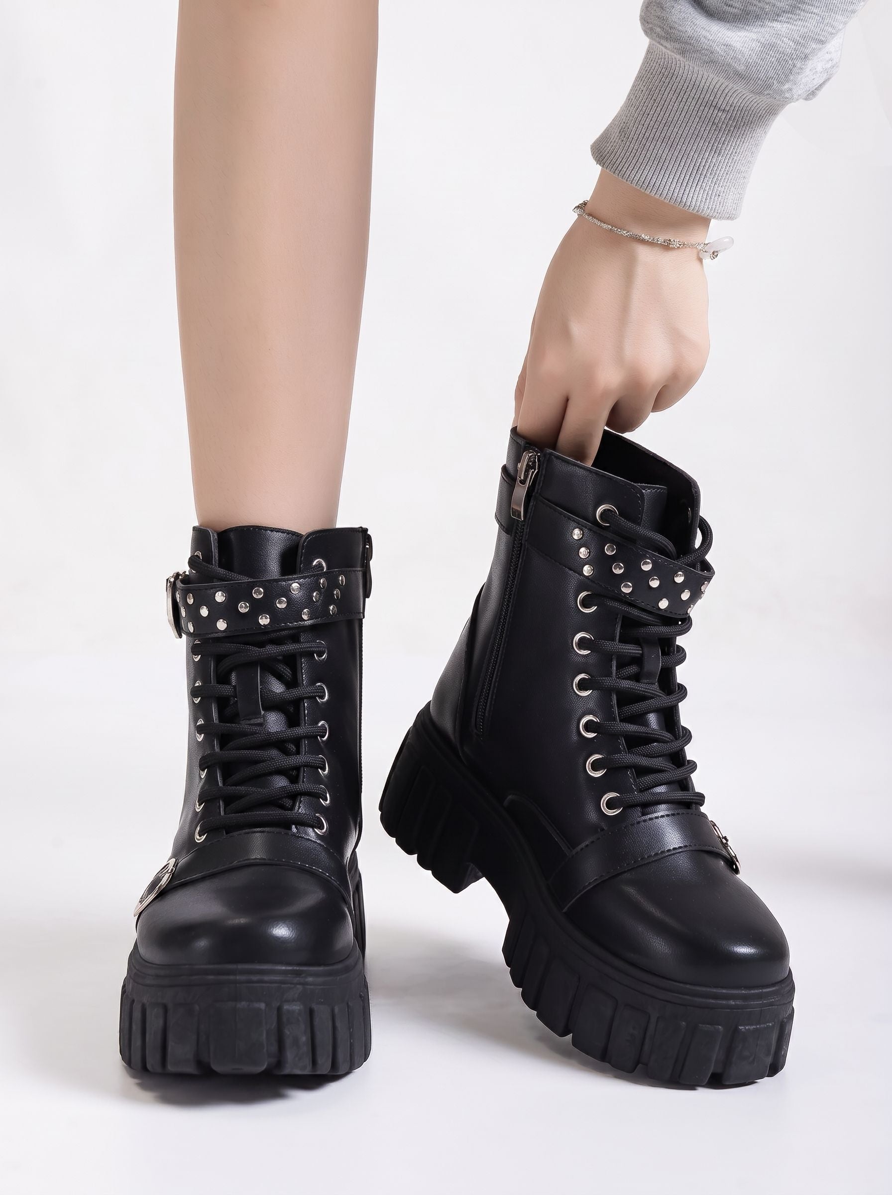Studded Heart Platform Combat Boots