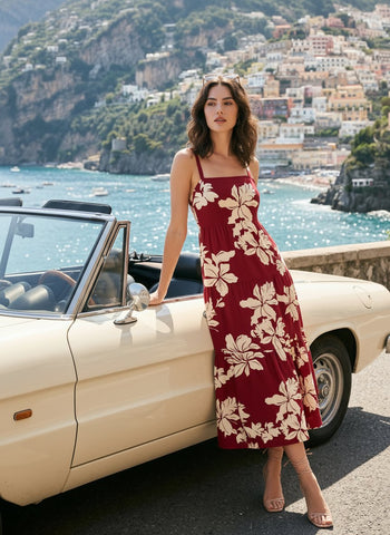 FLORA Floral Print Tiered Strap Midi Dress