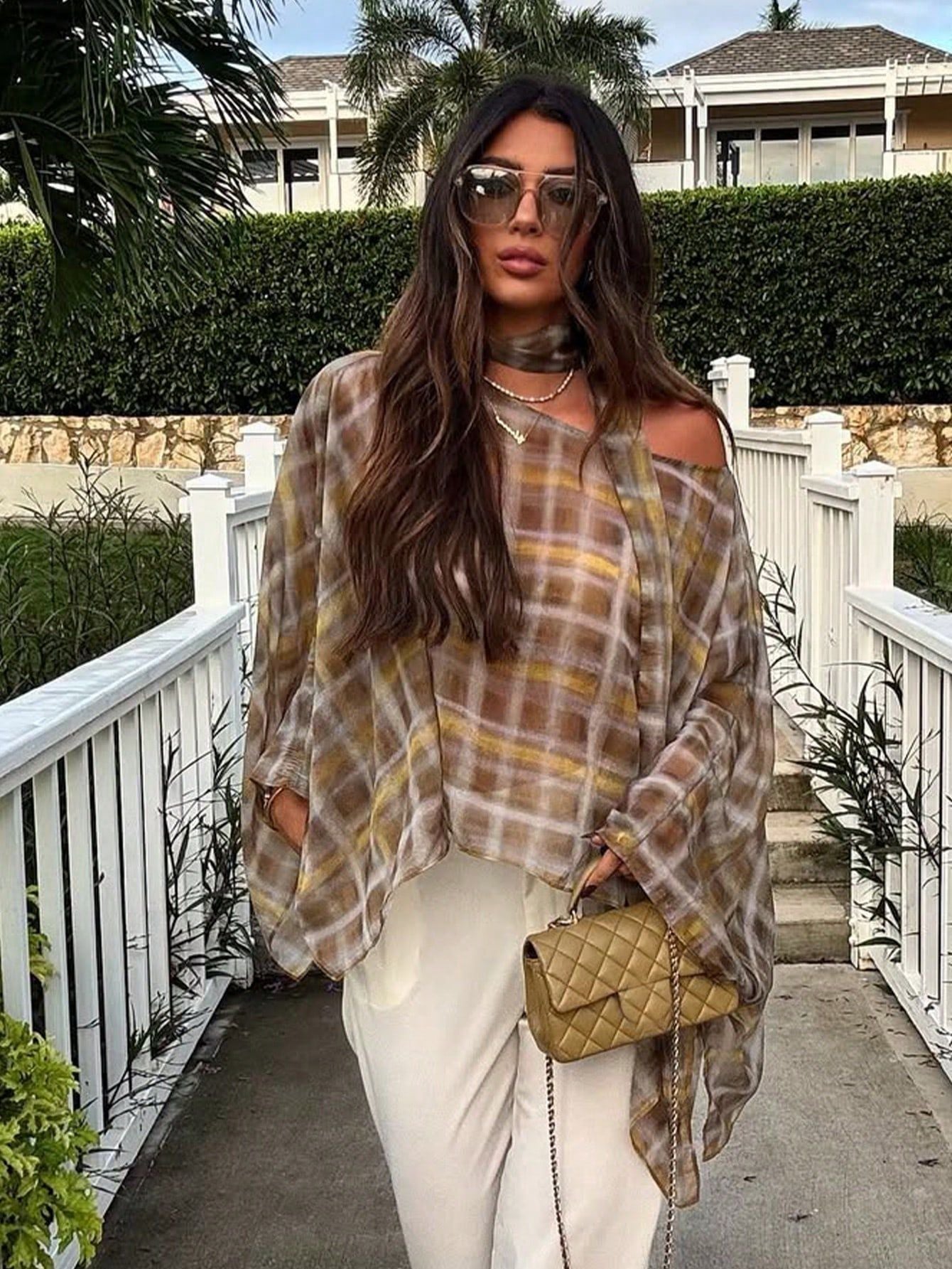 Plaid Chiffon Halter Neck Blouse