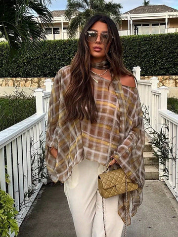 Plaid Chiffon Halter Neck Blouse