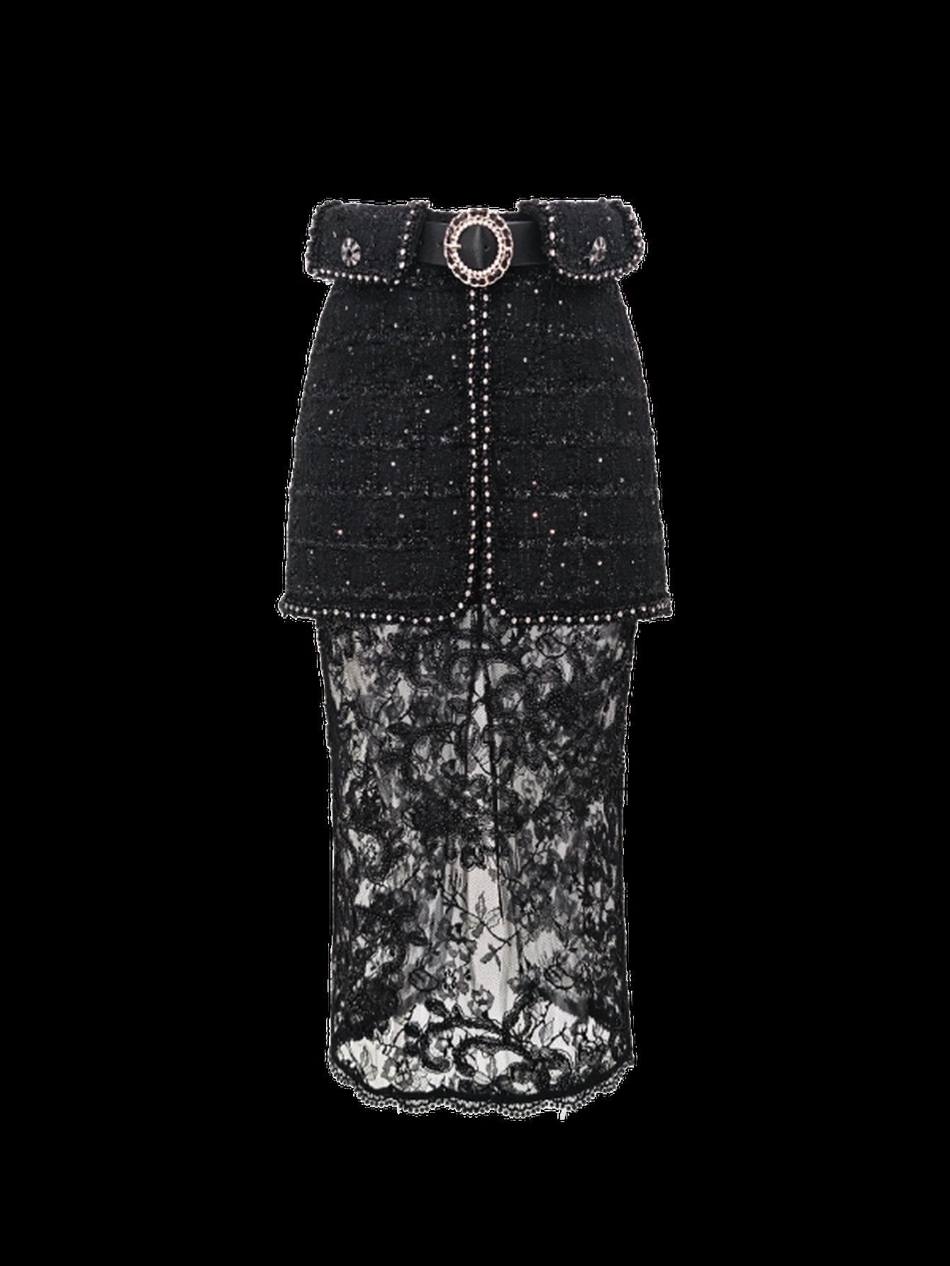 Embellished Tweed Lace Midi Skirt