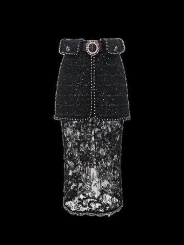 Embellished Tweed Lace Midi Skirt