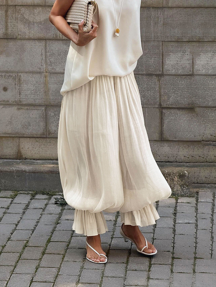 Flowy Pleated Elastic Waist Casual Pants