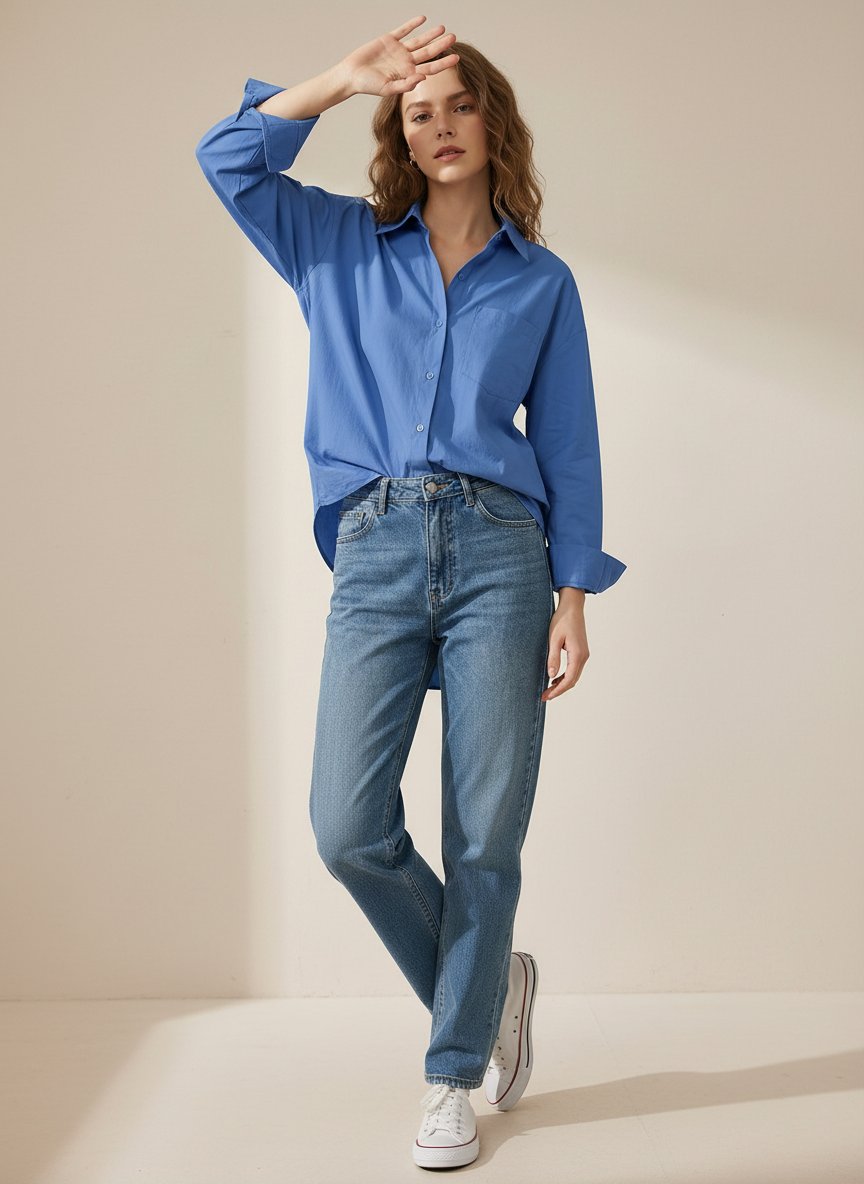 Classic Collar Long Sleeve Chest Pocket Classic Shirt-Blue