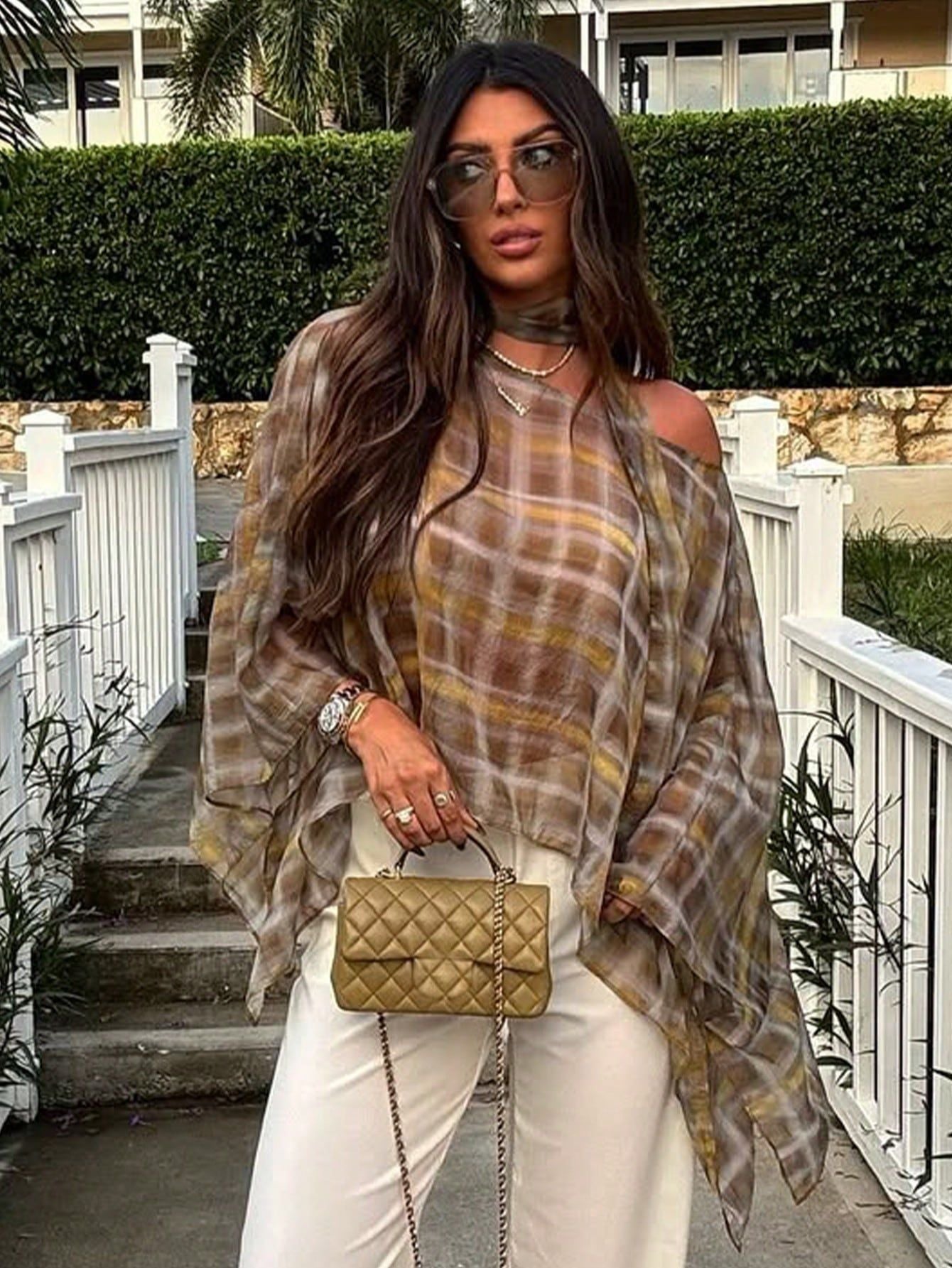 Plaid Chiffon Halter Neck Blouse
