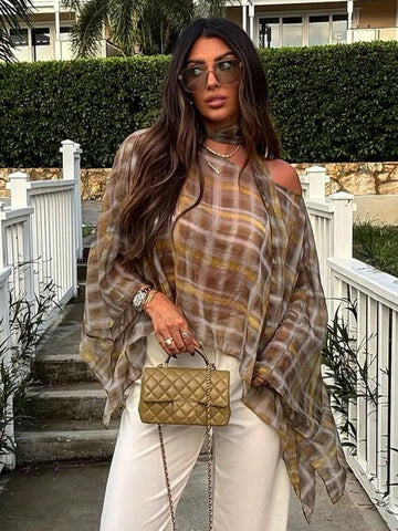 Plaid Chiffon Halter Neck Blouse