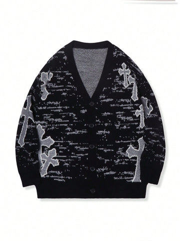 Oversized Grunge Cross Pattern Cardigan