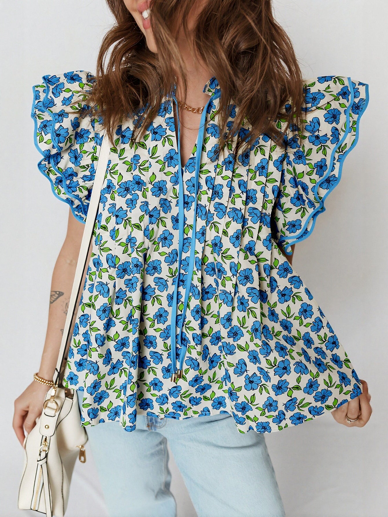 V Neck Ribbon Tie Blouse