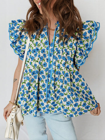 V Neck Ribbon Tie Blouse