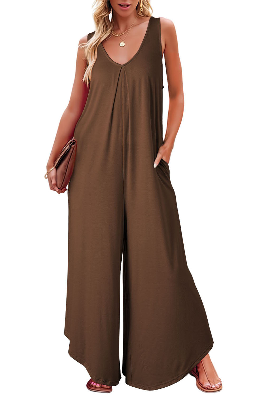 V Neck Flared Leg Jumpsuit