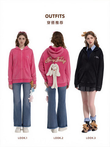 Cute Bunny Graphic Sequin Hooded Jacket