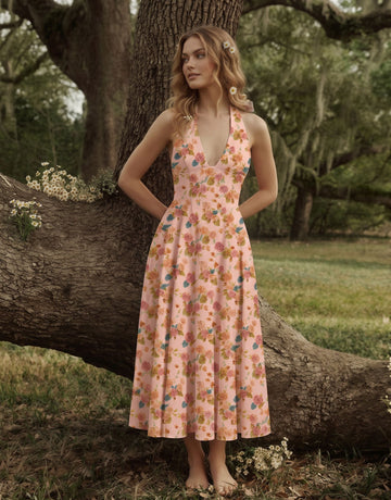AURELIA Floral Print Halter Neck Tie Back Midi Dress