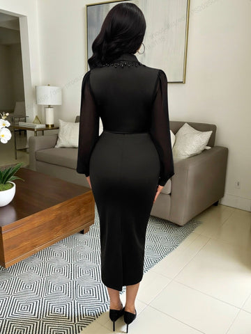 Beaded Trim Peplum Bodycon Midi Dress