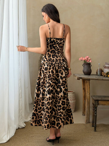 Lace Trim Leopard Print Midi Dress