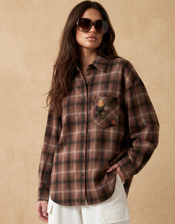 Oversized Plaid Embroidered Button Up Shirt