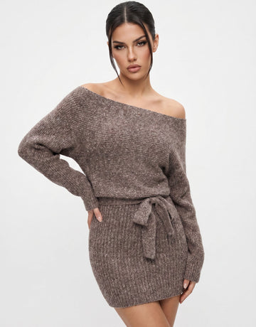 Off Shoulder Belted Knit Dress