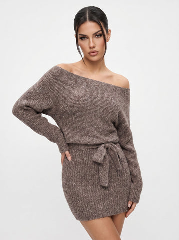 Off Shoulder Belted Knit Dress