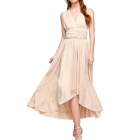 V-Neck Pleated Asymmetric Hem Casual Midi Dress-Blue