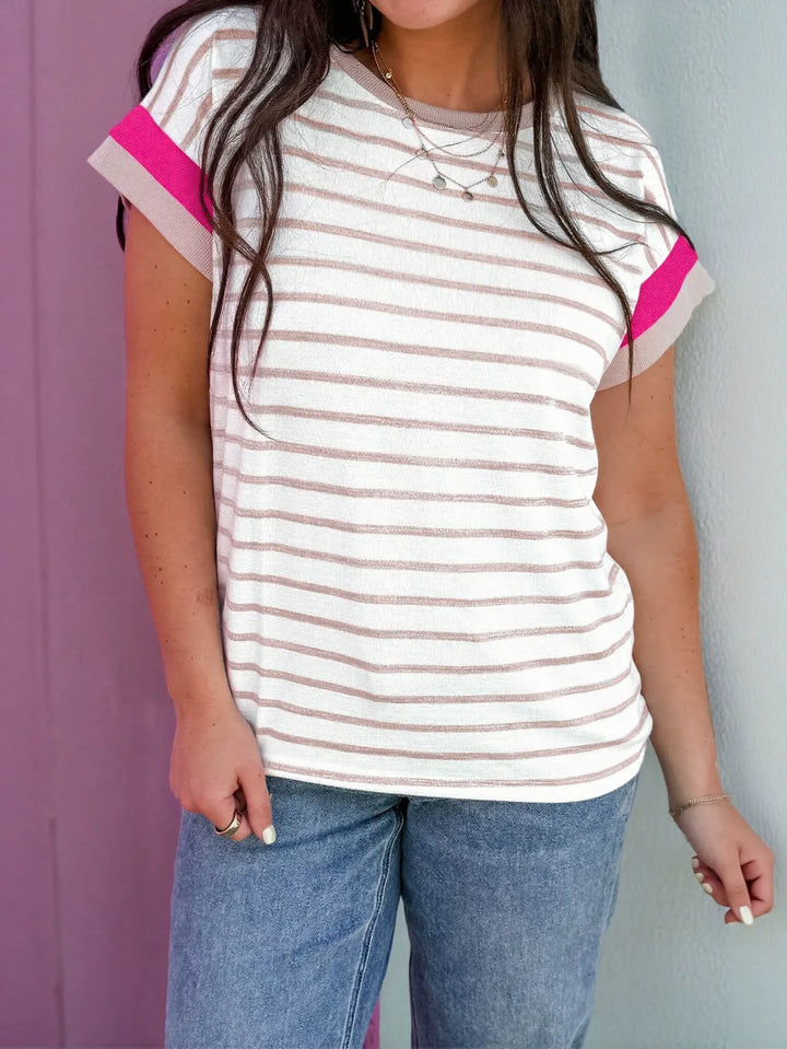 Striped Contrast Trim Casual T-Shirt