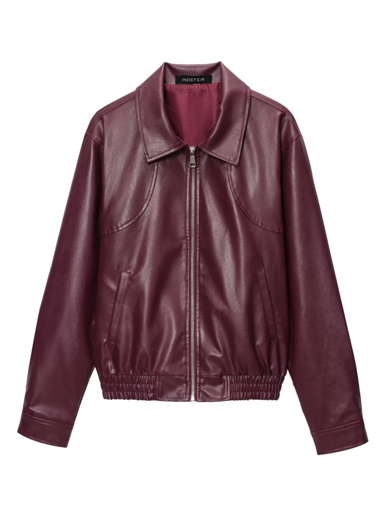 Burgundy Cropped Faux Leather Bomber Jacket