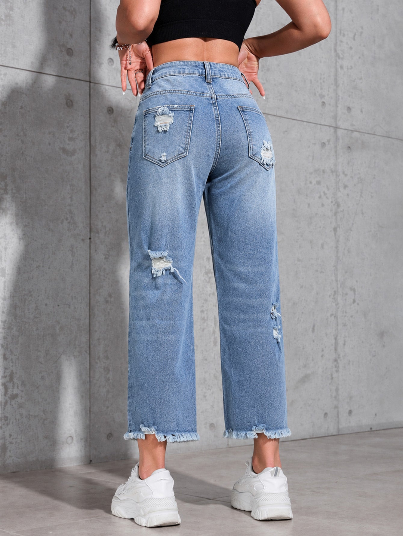 Distressed High Waisted Straight Jeans