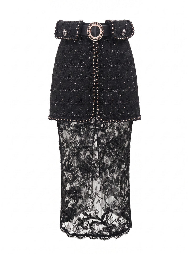 Embellished Tweed Lace Midi Skirt