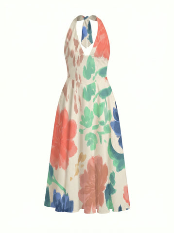 Floral Print Halter Neck Tie Back Midi Dress