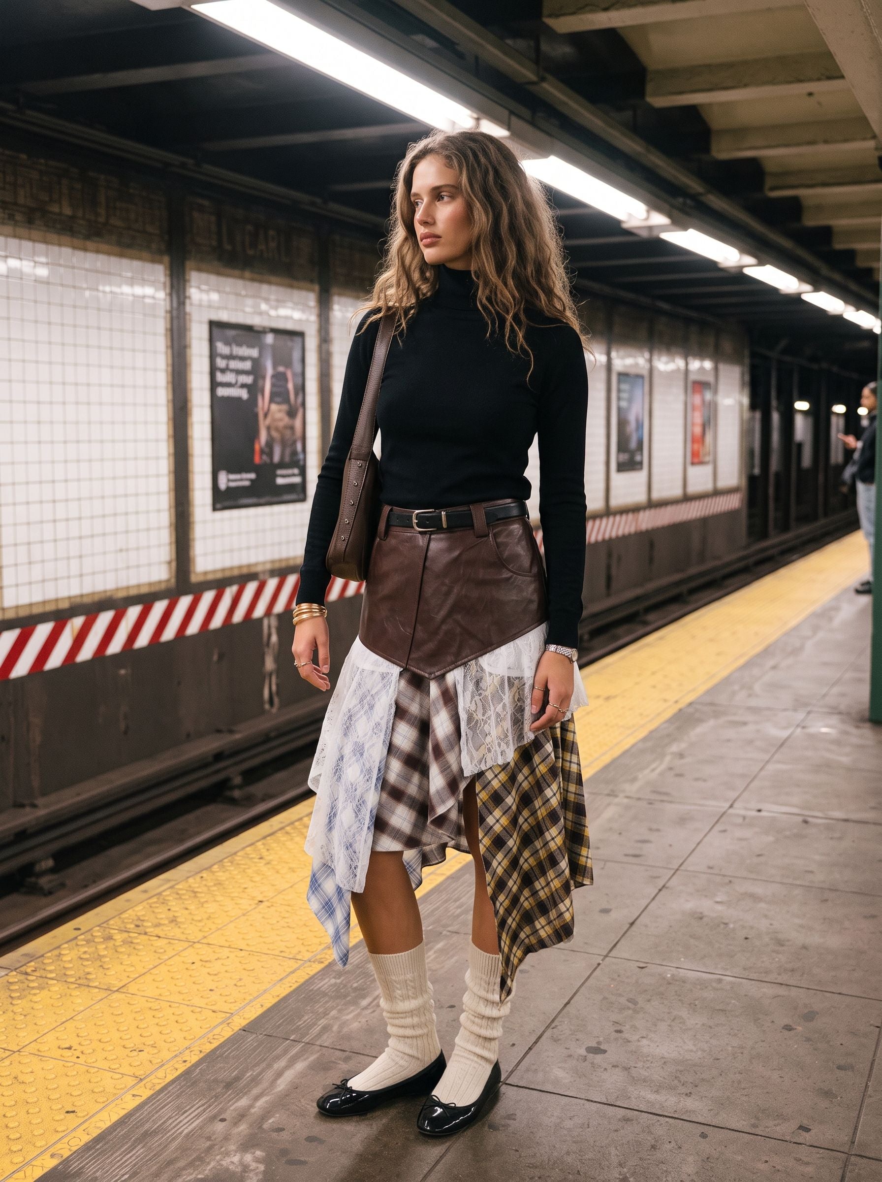 Patchwork Plaid High Waisted Denim Skirt