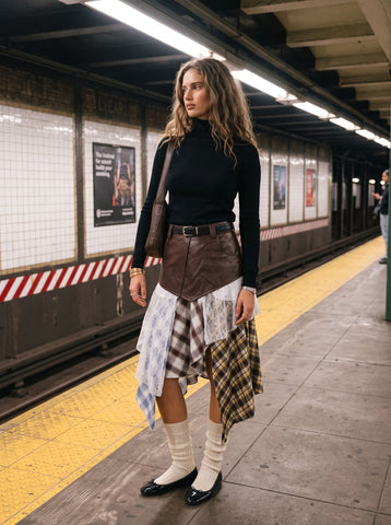 Patchwork Plaid High Waisted Denim Skirt